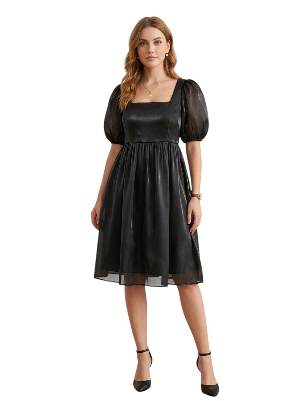 Baeverly Puff Sleeve Black Satin Mini Dress | Square Neck A-Line Medium